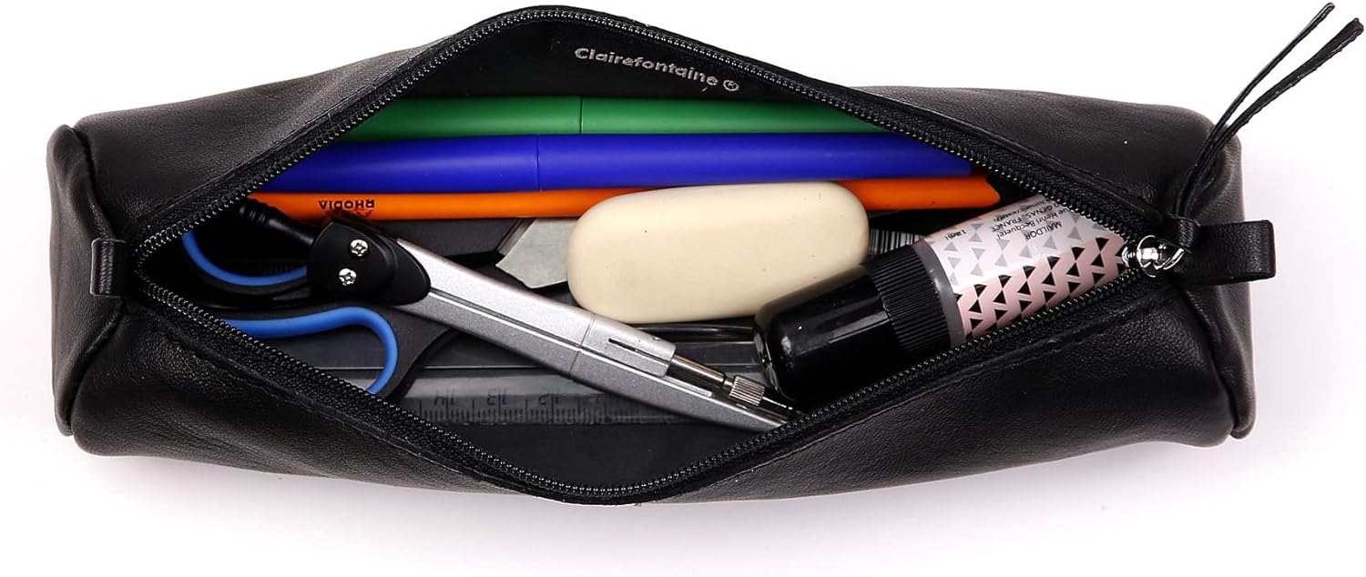 CLAIREFONTAINE Black Leather Pencil Case Round