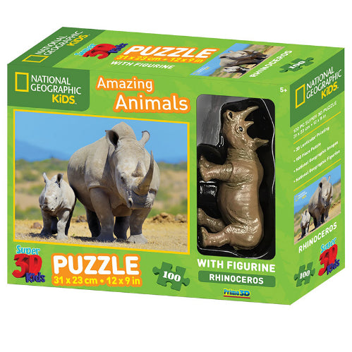 NATIONAL GEOGRAPHIC 3D Kids Puzzle w/Figurine 100pc Rhinoceros Default Title