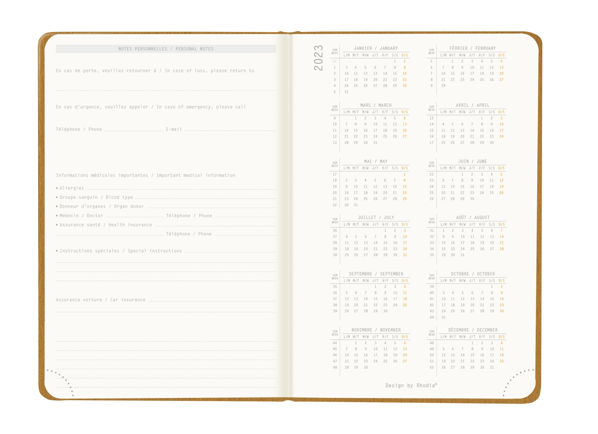 RHODIA 2024 Webplanner A6 Weekly Vertical Gold